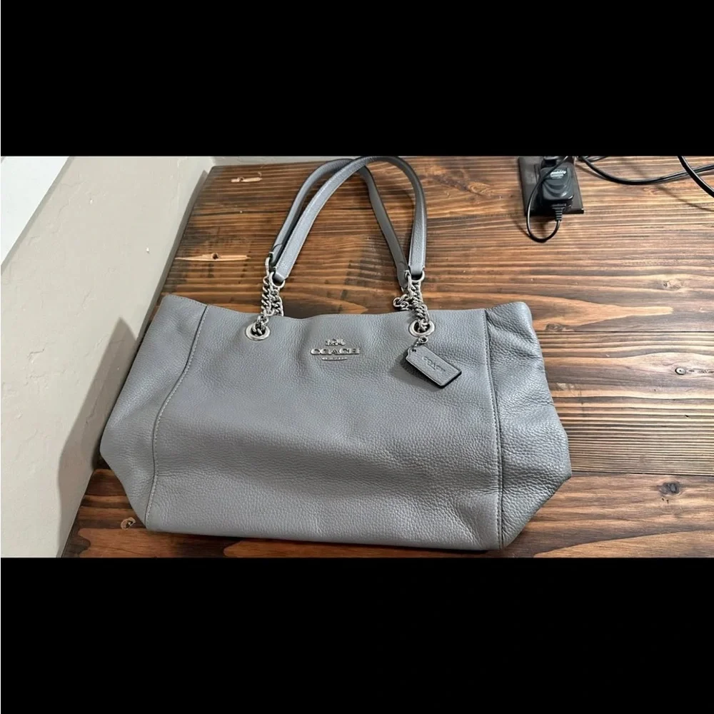 Coach Pebbled Leather Tote in Light Gray with Chain Handles